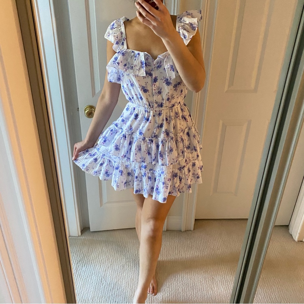 NWT LoveShackFancy Amalie Blue Purple White Floral Tiered Ruffle Chiffon Dress